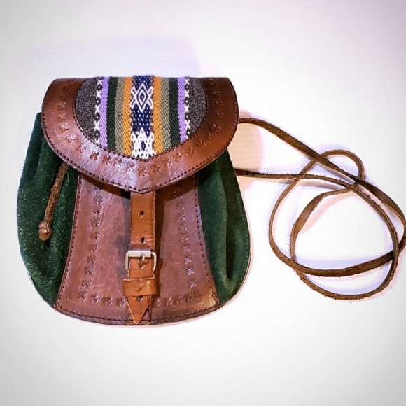Vintage Handbags - Vintage Boho Fabric Leather Purse from Bolivia